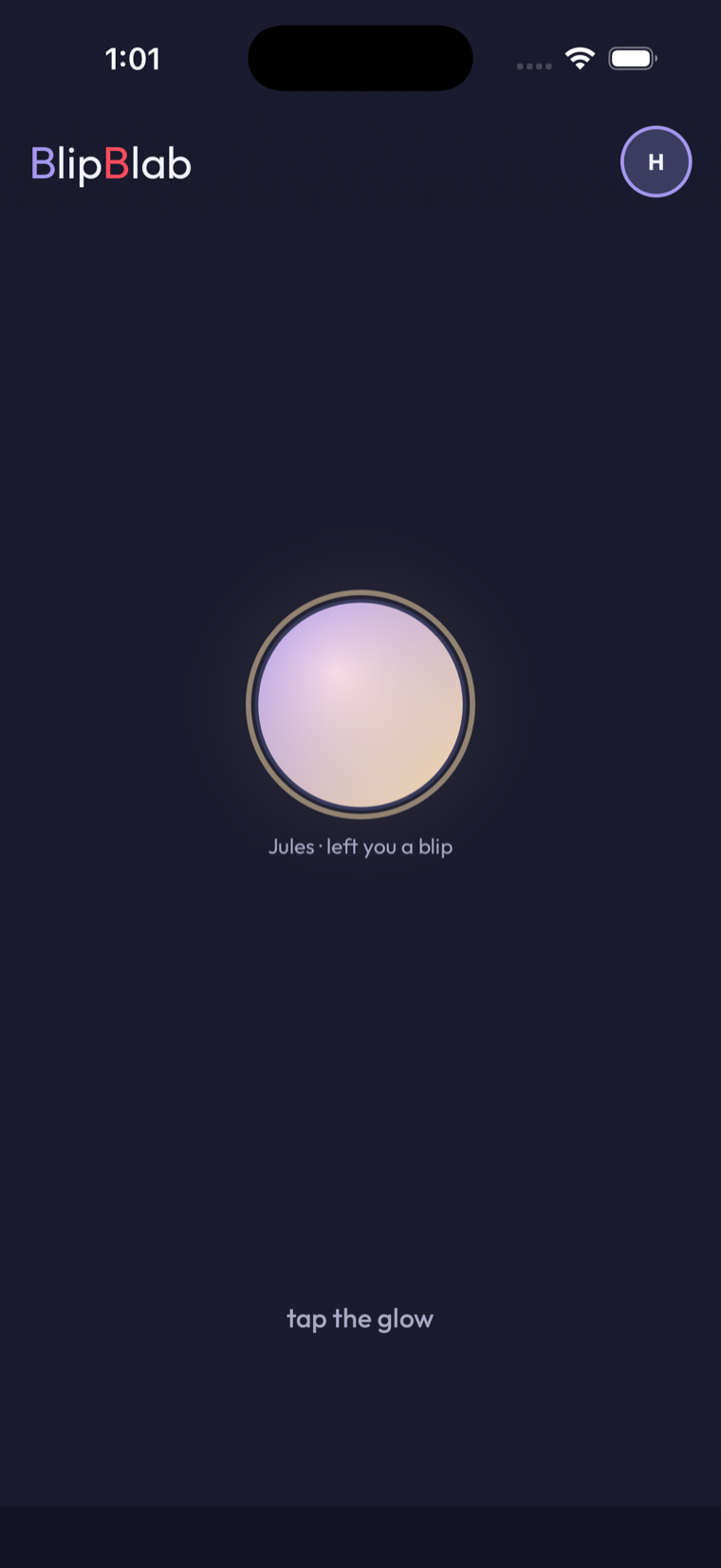 A new user's first moment: a warm glowing circle ready to play a welcome voice message
